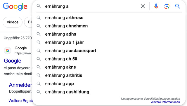 Screenshot. Beispiel einer Google-ABC-Recherche.